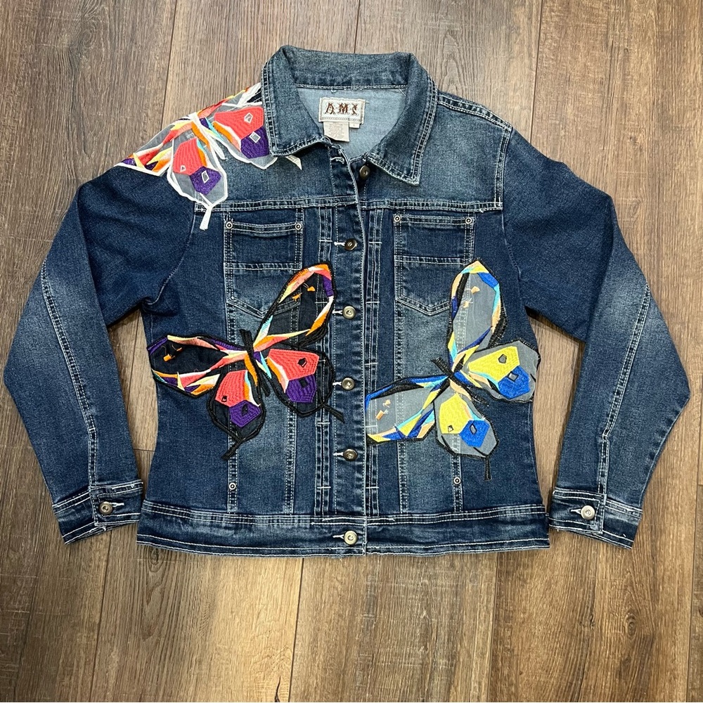 AMI Butterfly Embroidered Blue Cotton Blend Denim Jeans Jacket Women  Size L